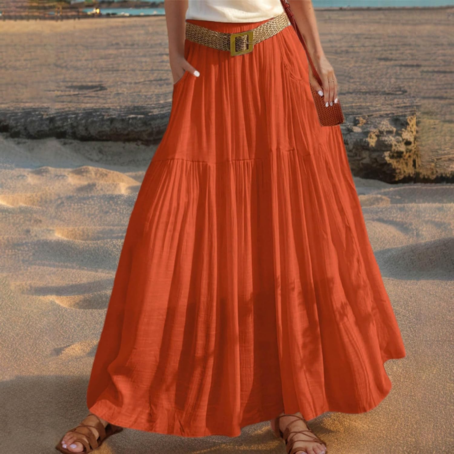 Skirts for Women High Elastic Waisted Flowy Summer A Line Midi Skirt with Belt Beach Vacation Clothes with Pockets