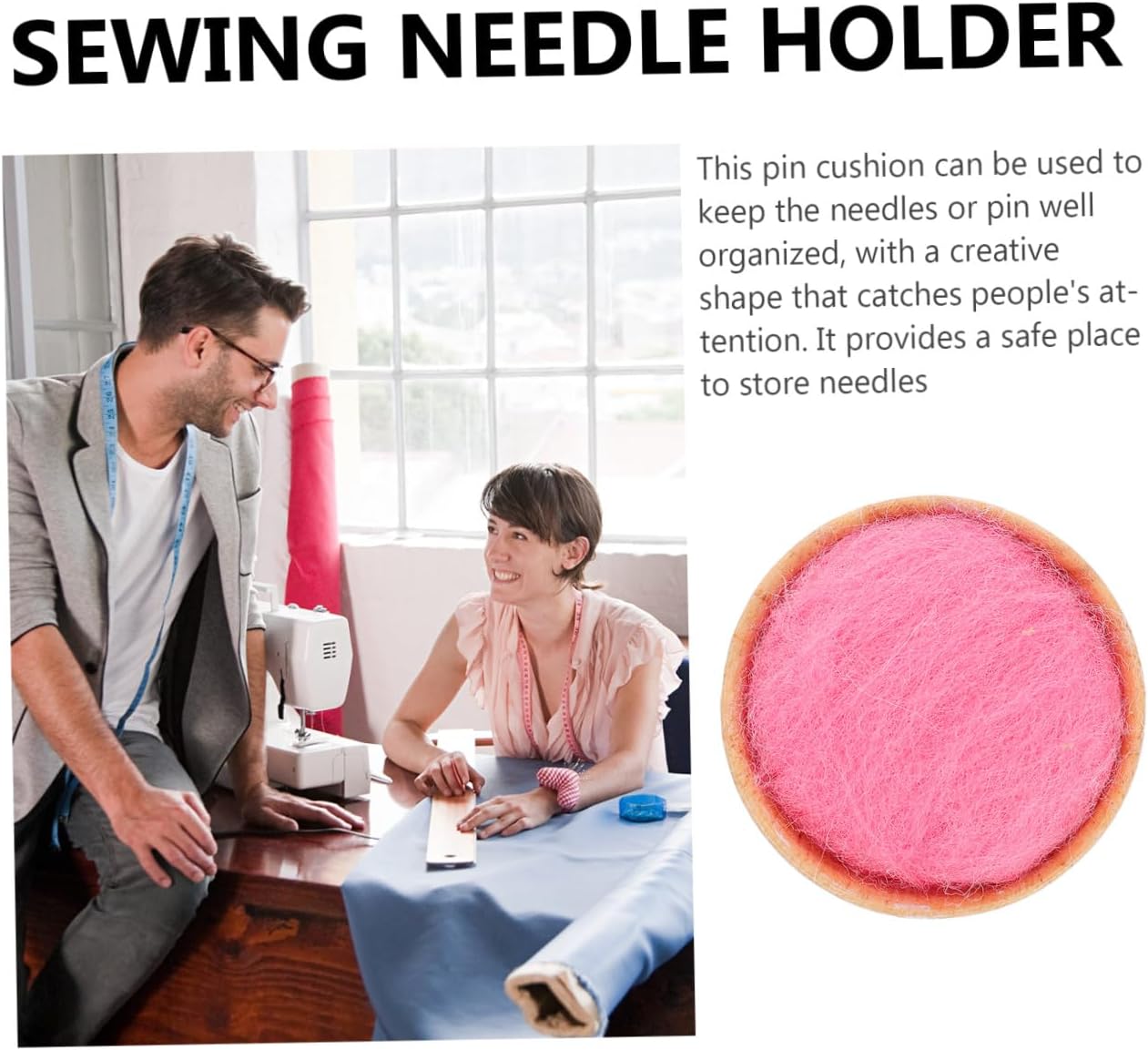 WOFASHPURET Half-Round Needle Pin Cushion with Wooden Base, Red Wool Pincushion Sewing Needle Organizer for Needlework and Embroidery Craft Storage