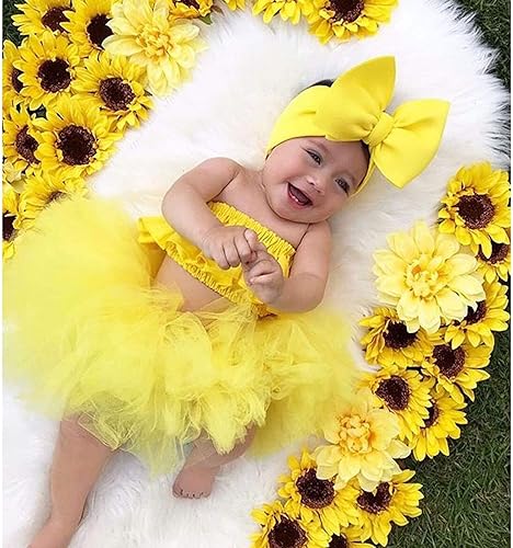 Miniatura 4 de POLG Trajes de bebé recién nacido, camiseta corta con hombros descubiertos, falda tutú de tul con diadema, ropa de verano de 3 piezas (amarillo, de