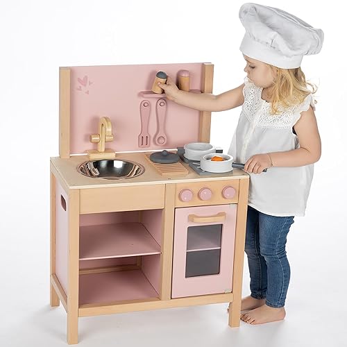 Miniatura 8 de Juego de cocina de madera - Rosa - Juguete de electrodomésticos de pie, accesorios de cocina y alimentos, fregadero de almacenamiento, estación de