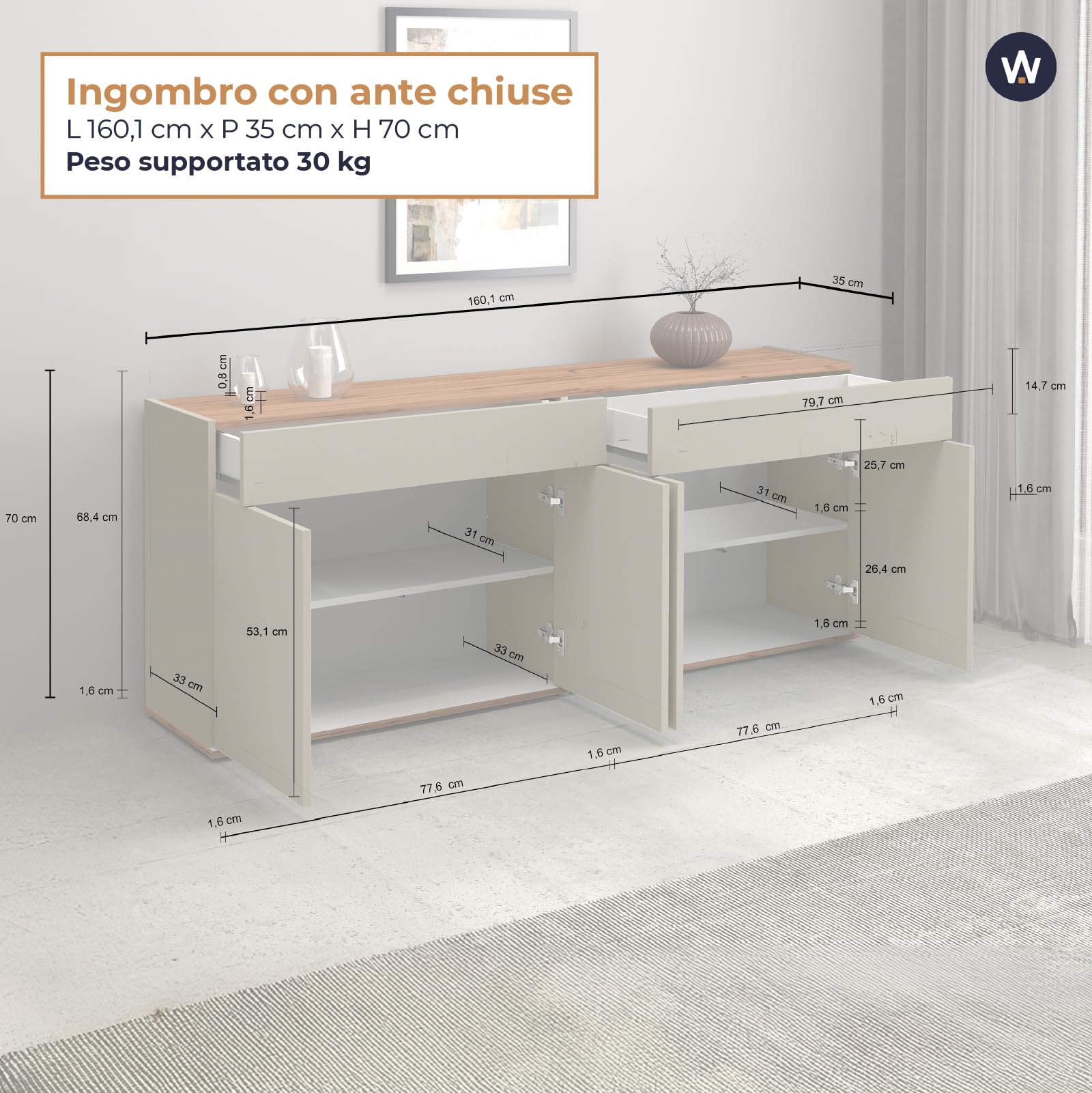 WHOUS Credenza e Buffet GARDA per Soggiorno con 2 Cassetti e 4 Ante, Madia per Salotto, Cucina e Sala da Pranzo in Legno, 160,1x35x70 cm, Tortora Opaco e Rovere
