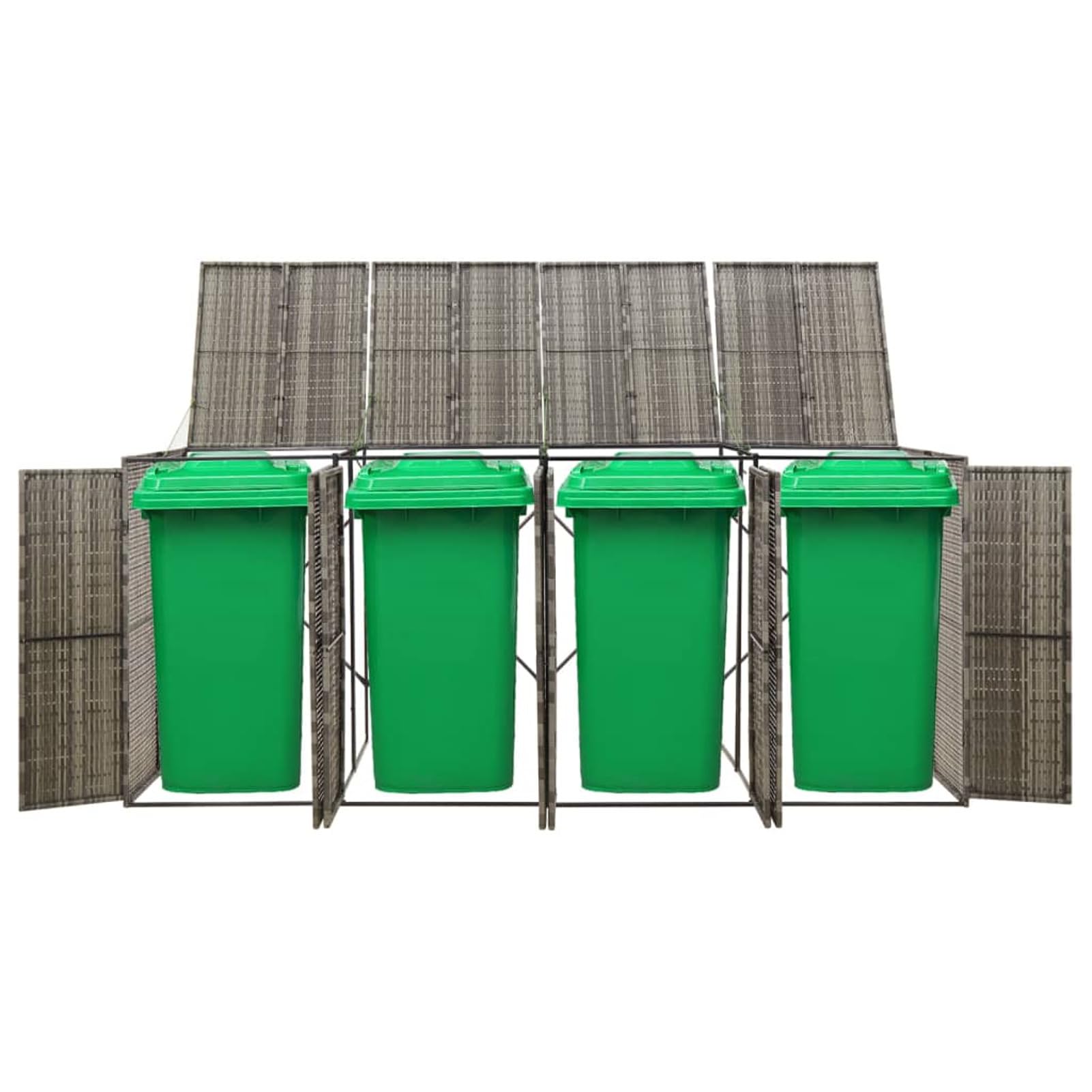 Copribidoni Spazzatura Esterno, Bidoni Spazzatura Esterno, Contenitori Rifiuti Esterno, Porta Bidoni Spazzatura Esterno 4 Bidoni, Copribidone Quadruplo, in Polyrattan Grigio 274x80x117 cm