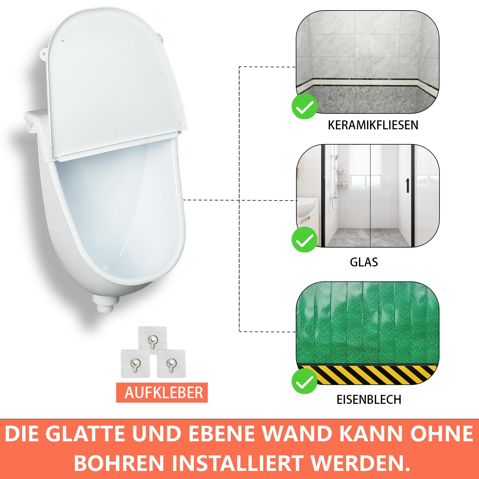Urinal zur Wandmontage, kommerzielles Urinal mit Scharnierabdeckung, Badezimmer-Auswasch-Urinal für Herren, Kunststoff-Urinale für Männer, wasserloses Urinal, Garage, Urinal, Umleiter, Outdoor-Urinal