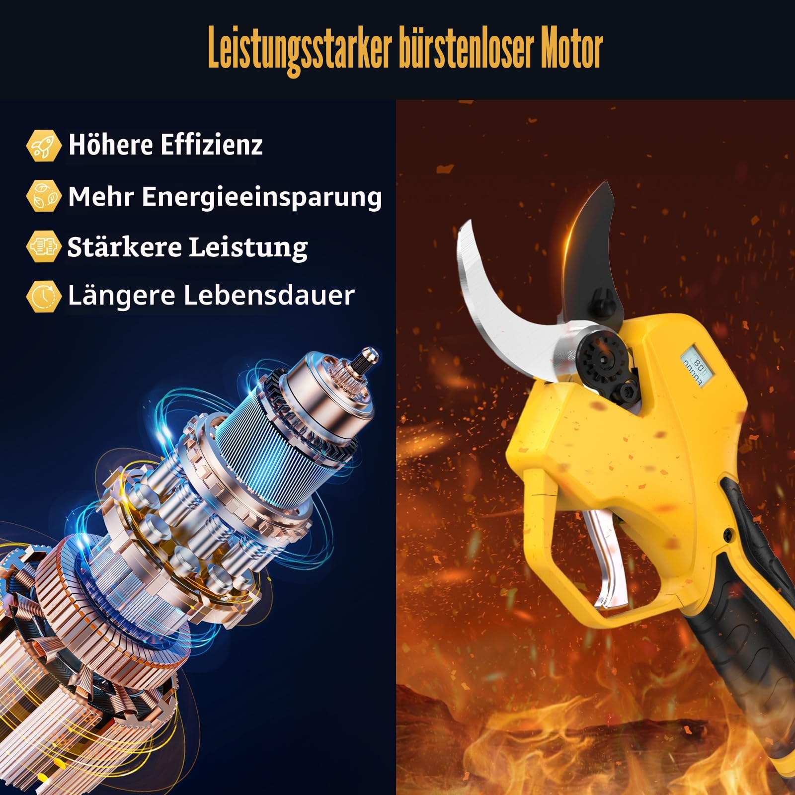Akku Astschere, 50MM Astschere Akku, Mit Verlängerungsstange, Display, bürstenlosem 1000-W-Motor, 2 2000-mAh-Akkus, 4-8 Stunden Akkulaufzeit), geeignet für Gärten und Bauernhöfe
