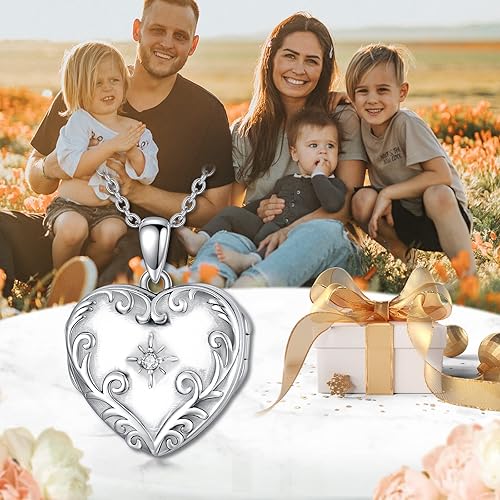 Miniatura 3 de BETHZA Diamond Heart Locket Necklace for Women Sterling Silver 0.035CT Real Diamond Photo Pendant That Holds 4 Pictures Jewelry Gift for Mother Wife