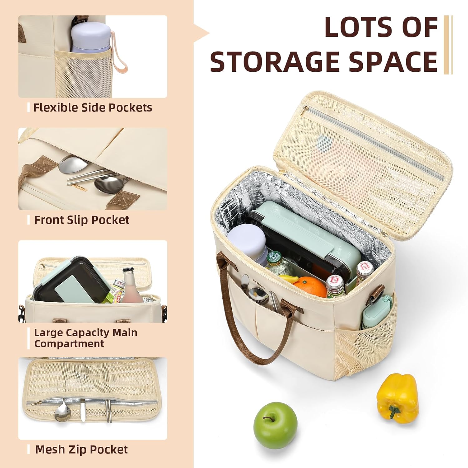 Large Insulated Lunch Bags for Women Men Adult Lunch Box with Shoulder Strap for Work,Picnics,Outings (Beige) - Image 3