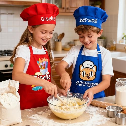 Miniatura 6 de Delantal personalizado para niños con bolsillo para nombre, sombrero de chef personalizado y delantal para cocina, cocina, hornear, pintura,