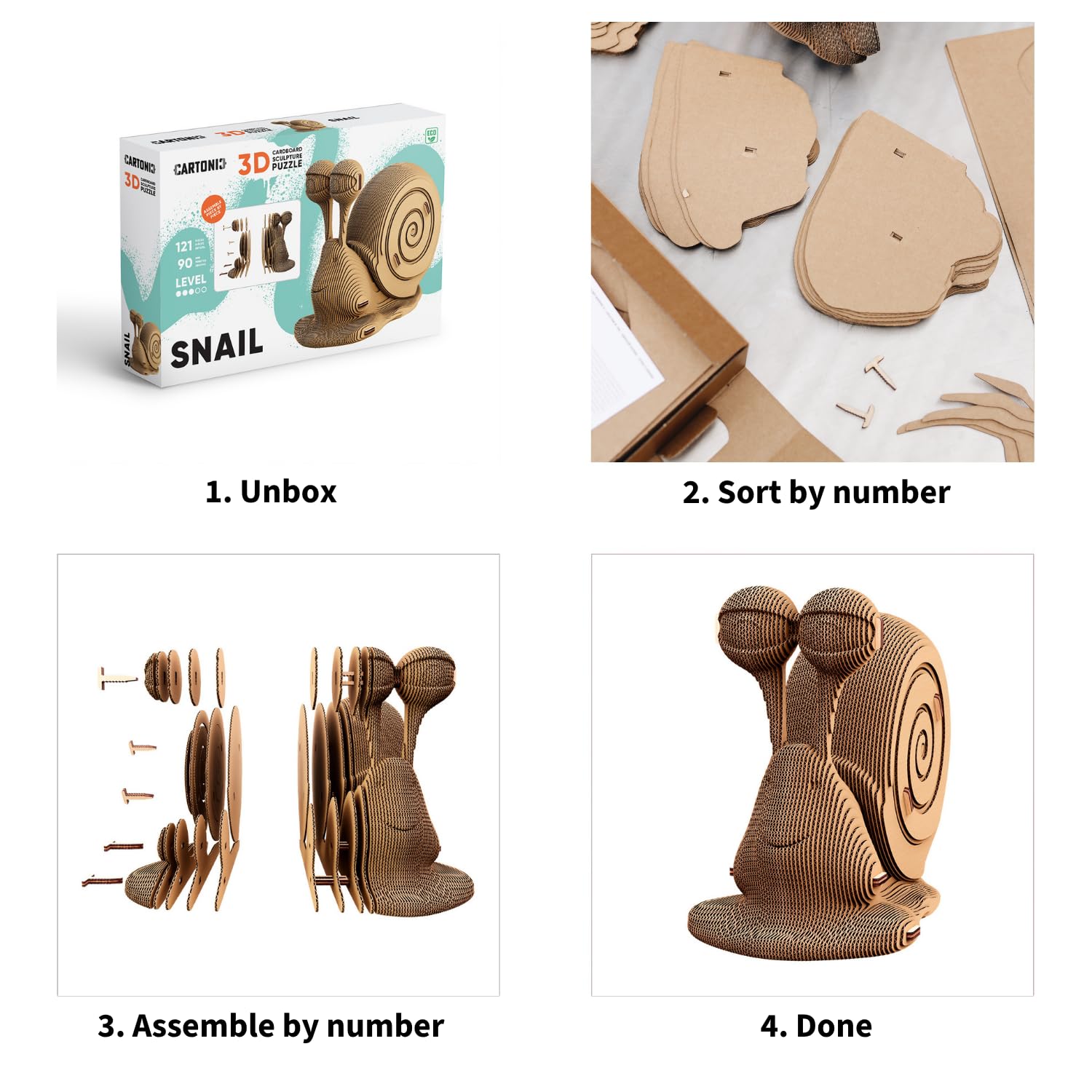 Escargot Puzzle 3D en Carton – Maquette à Monter | 121 Pièces, 20 × 16 × 10 cm – Kit Sculpture DIY à Peindre, Matériaux Recyclés, Ados & Adultes, Idée Cadeau Déco