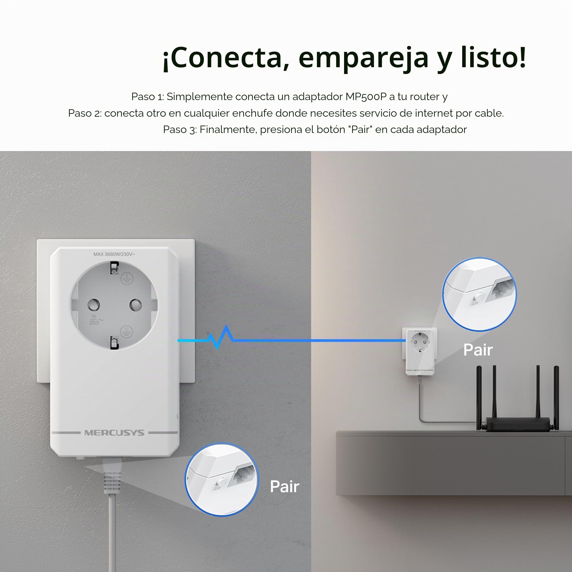MERCUSYS MP500P Kit – Powerline AV1000 con Puerto Gigabit y Toma Passthrough, 2 Adaptadores PLC, Red Eléctrica de Alta Velocidad, Plug & Play, Ideal para Streaming 4K y Gaming