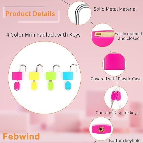 Miniatura 3 de 4 piezas de candados para maleta con llaves de cobre Proteja sus pertenencias con el juego de 4 mini candados multicolores duraderos de Febwind para