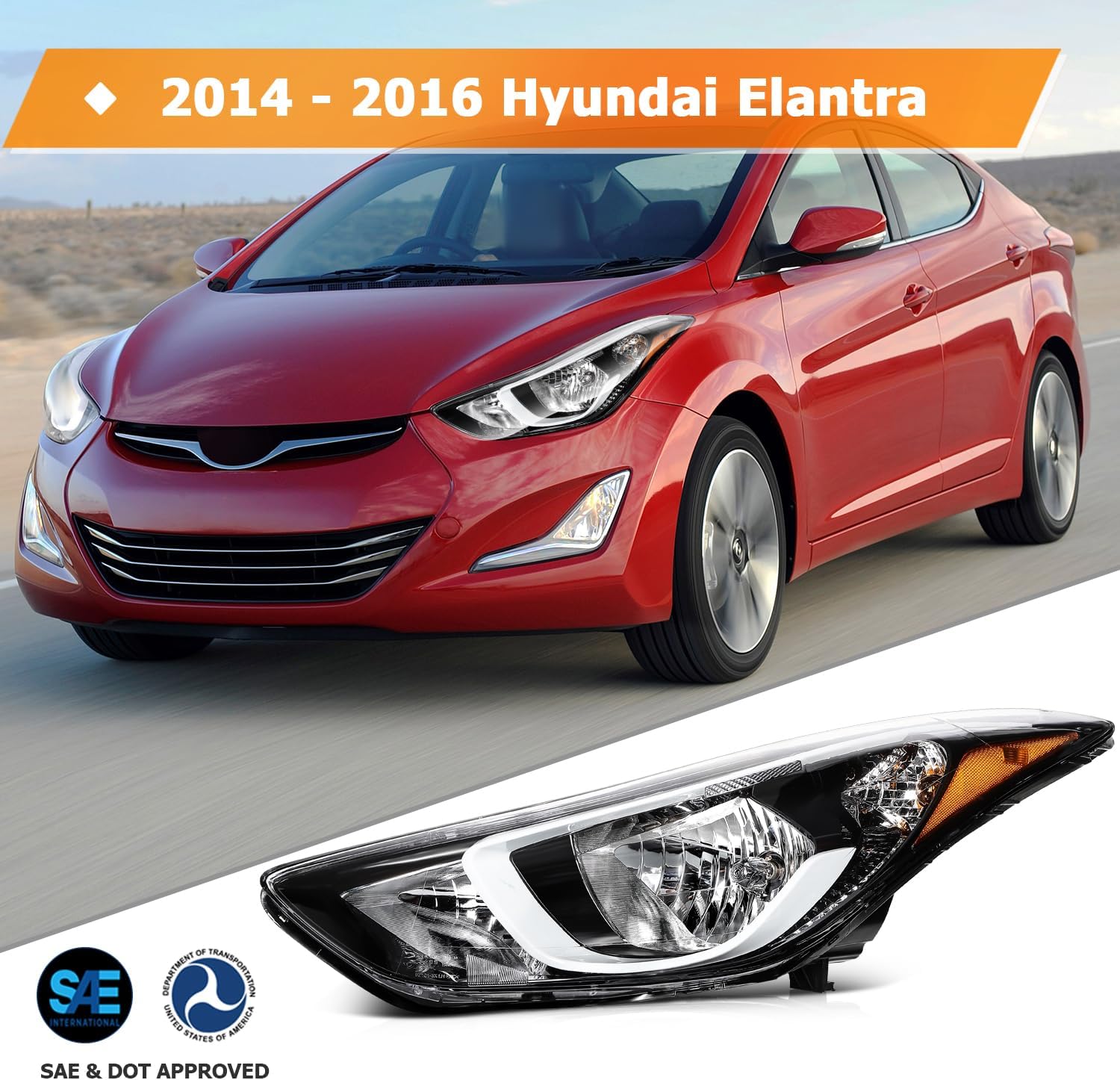 Headlight Assembly Compatible with 2014-2016 for Hyundai for Elantra Driver and Passenger Side Headlamp Bulbs Are Included 92101-3Y500 921013Y500 HY2502187
