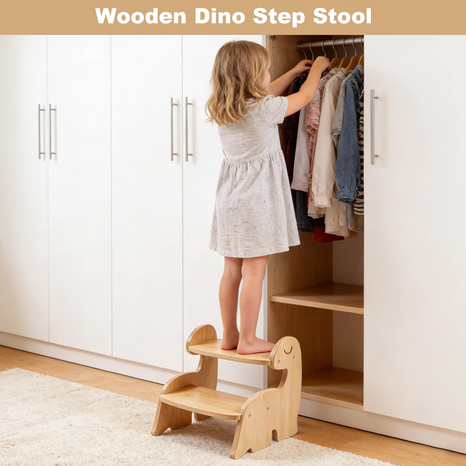 Tritthocker für Kinder, Gegen Wand Schrank Dinosaur Baby Tritthocker, 2 Stufe, Holz Holzhocker für Kinder Möbel, Lernturm Montessori für Küche Badezimmer Schlafzimmer Kinderzimmer WC