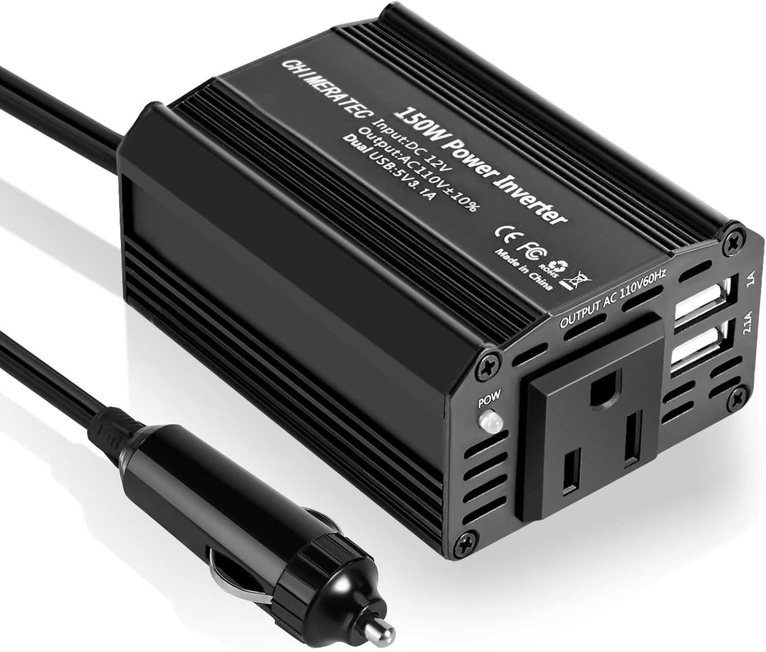 CHIMERATEC 150W Power Inverter, DC 12V to 110V Car Outlet Adapter with AC Outlet and