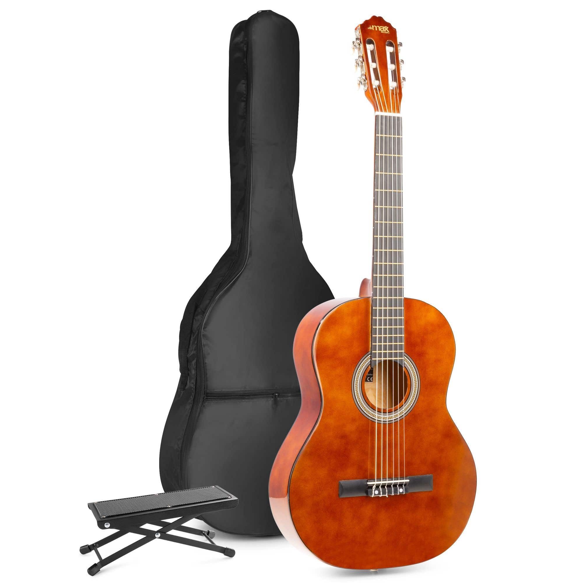 MAX SoloArt Konzertgitarre 4/4, Akustik Gitarre für Anfänger mit Tasche, Fußstütze, Stimmgerät, Plektrum, Gurt und Zubehör, Acoustic Guitar, Akustikgitarre in Holz Braun