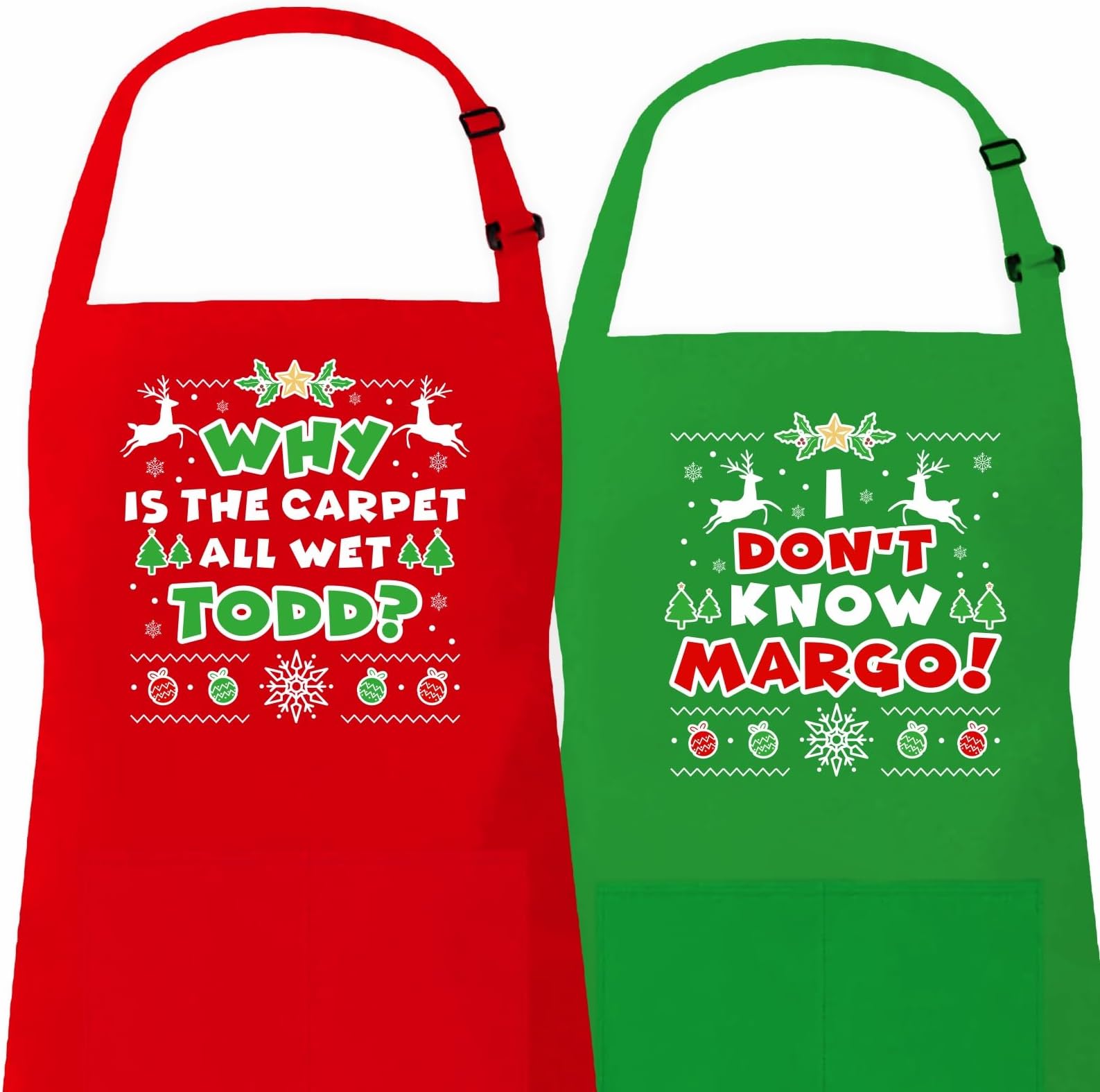 Saukore Christmas Matching Aprons for Couples, Christmas Vacation Gifts, Griswold Family Cousin Eddie Merchandise, 2 Pack Holiday Baking Aprons - Why is The Carpet All Wet Todd? I Don't Know Margo