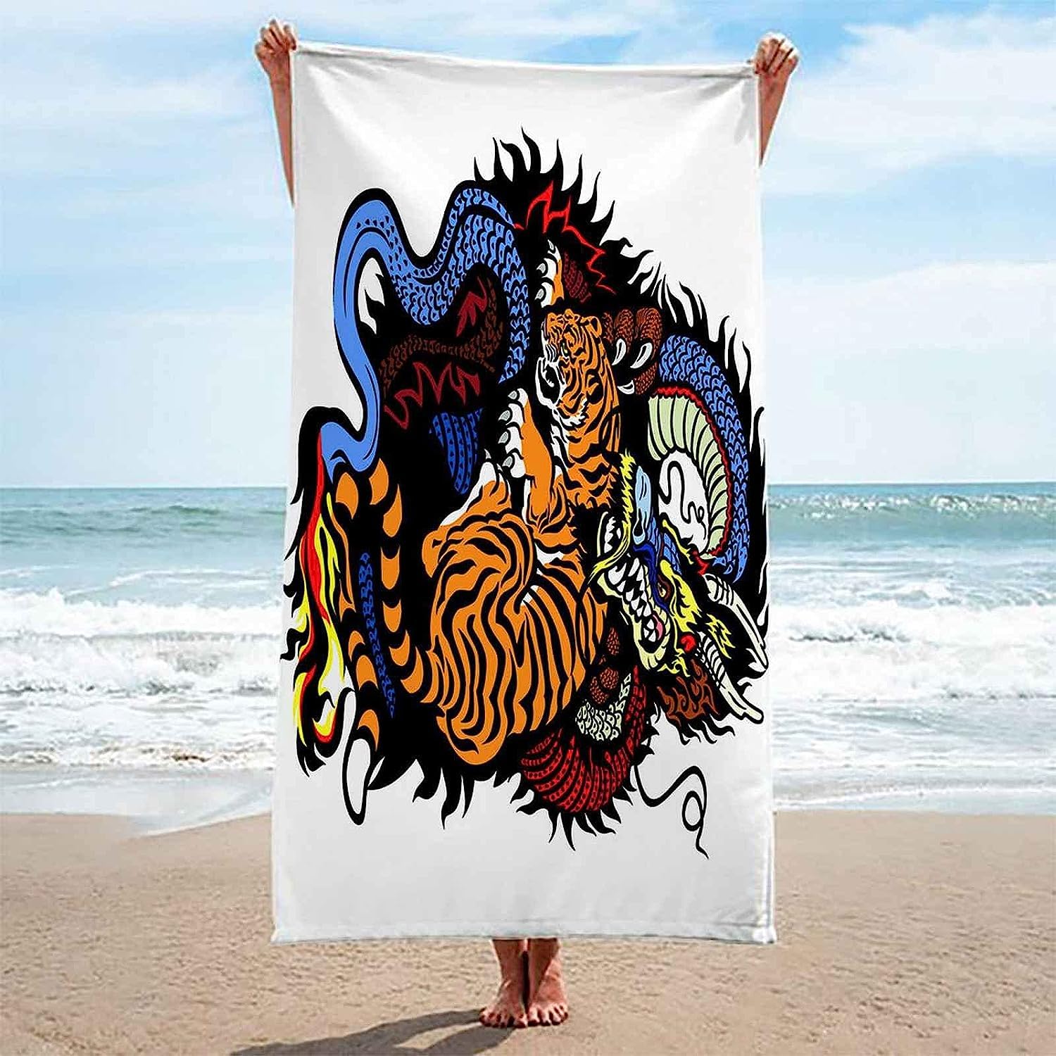 Telo Mare Grande, Microfibra Asciugamano Da Spiaggia, Teli Mare 200 X 200 Cm, Asciugatura Rapida Antisabbia Adulti Teli Mare Per Nuoto Campeggio 3D Telo Mare Feroci Tigri E Draghi -7J3P+X4A