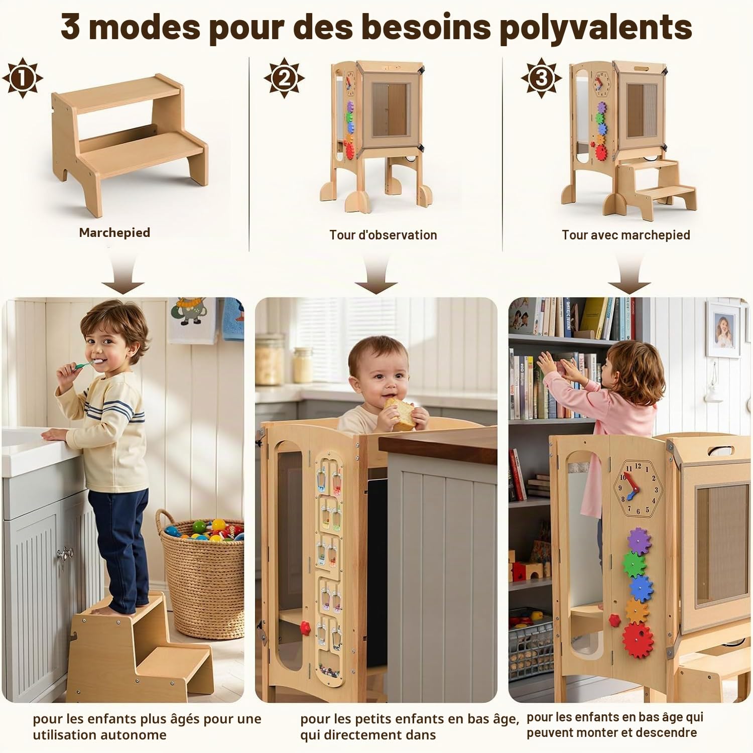 Pliable Tour d'apprentissage, 5 en 1 Tour d'apprentissage pour Enfants, Montessori Tour d Observation en Bois,Réglable en Hauteur, avec Tableau Noir, Jouets magnétiques, Pré-assemblé