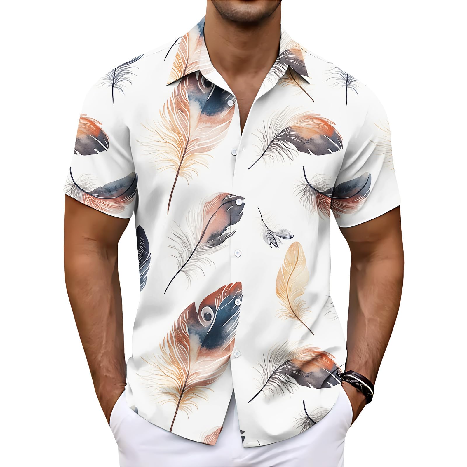 Mens Feather Print Short Sleeve Button Down Shirt Casual Summer Beach Hawaiian Top Lightweight Breathable for Vacation