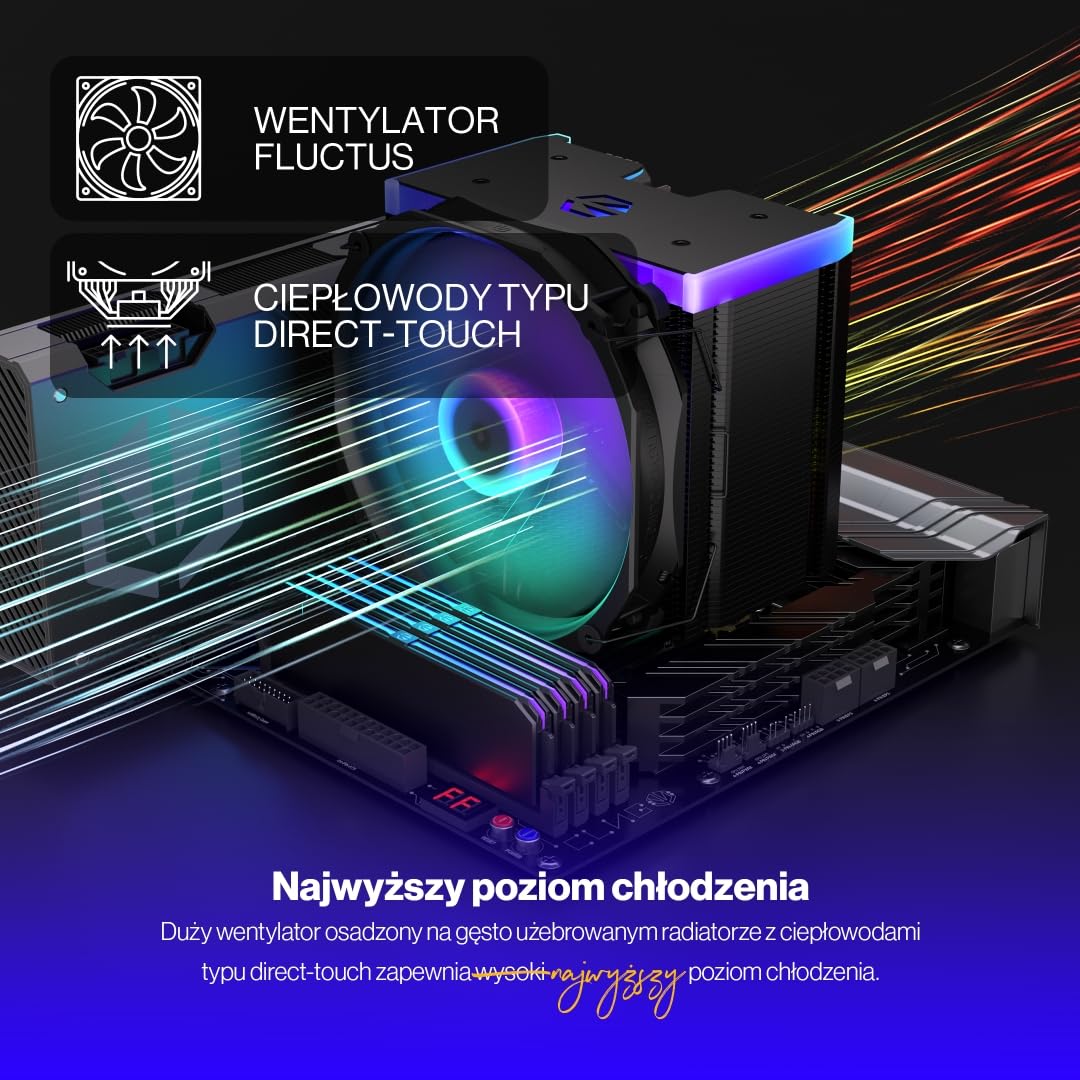 ENDORFY Fortis 5 Black ARGB – Chłodzenie CPU wieża, wentylator Fluctus 140mm PWM ARGB z fan-stop, 6 ciepłowodów, TDP 220W, do AMD AM4/AM5 i Intel LGA1700/1851, Czarny