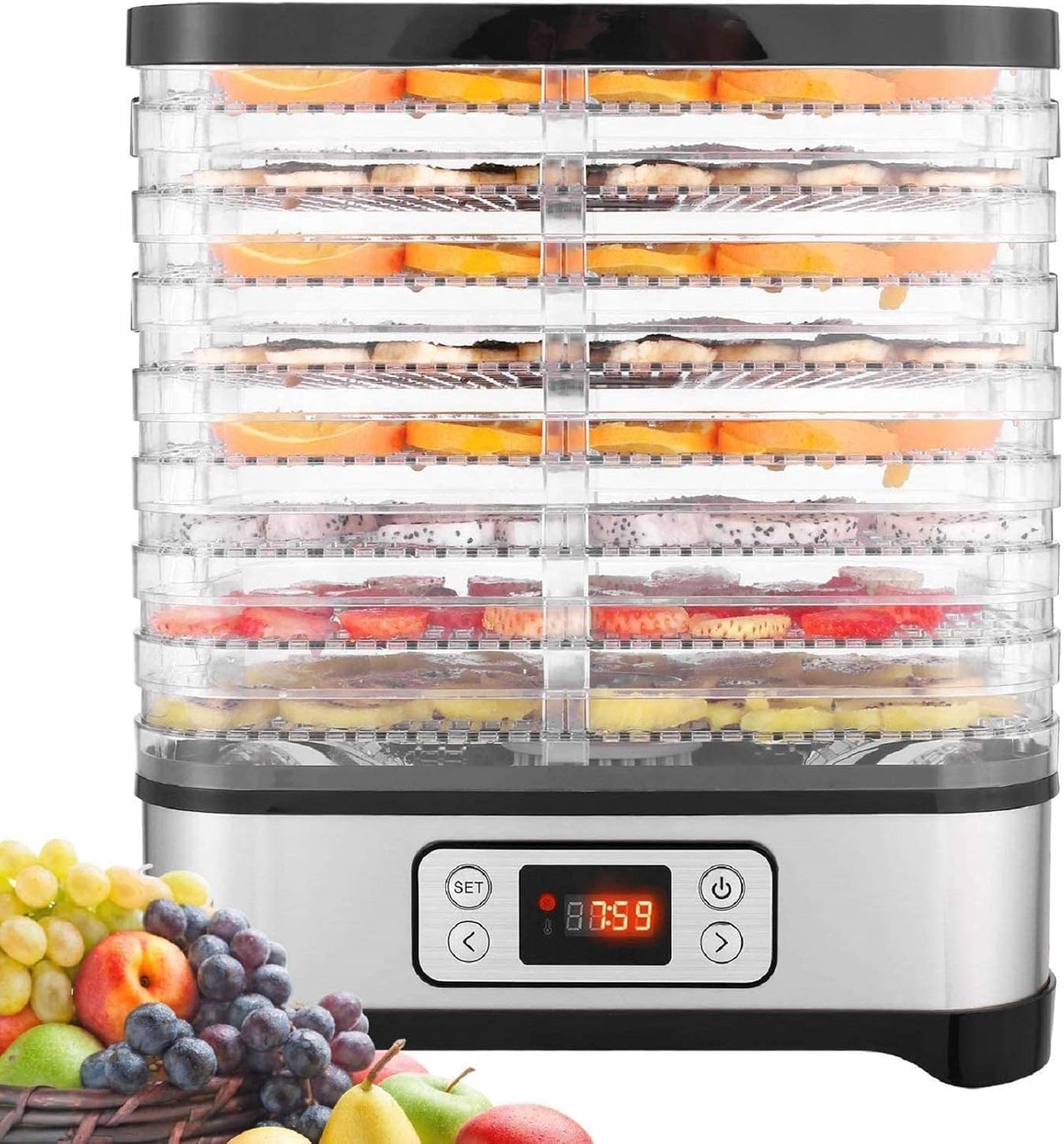 Disidratatore da 400 W con regolatore di temperatura, disidratatore senza BPA per alimenti, carne, frutta e verdura, 8 piani