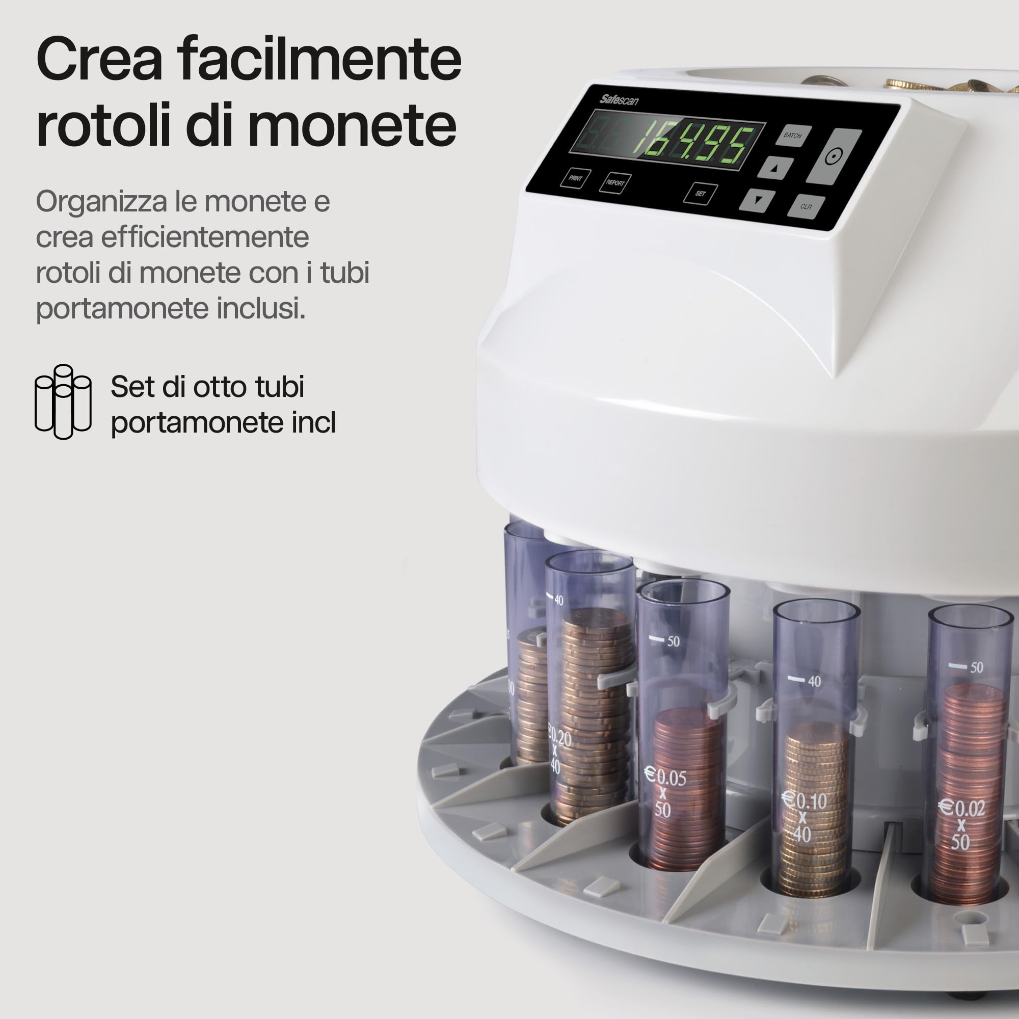 Contamonete Safescan 1250 EUR che conta e smista velocemente le monete euro miste, Contamonete che smista le monete per taglio, Contamonete per il conteggio continuo delle monete
