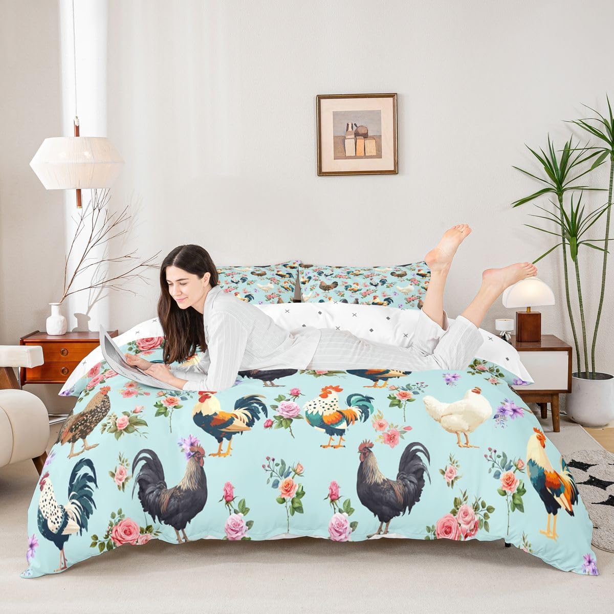 Feelyou Hen Rooster Print Duvet Cover Farmhouse Animals Bedding Set for Kids Boys Girls Teens Room Decor Chicken Comforter Cover Set Twin Size Floral Rose Pattern Bedspread Cover 2Pcs Zipper