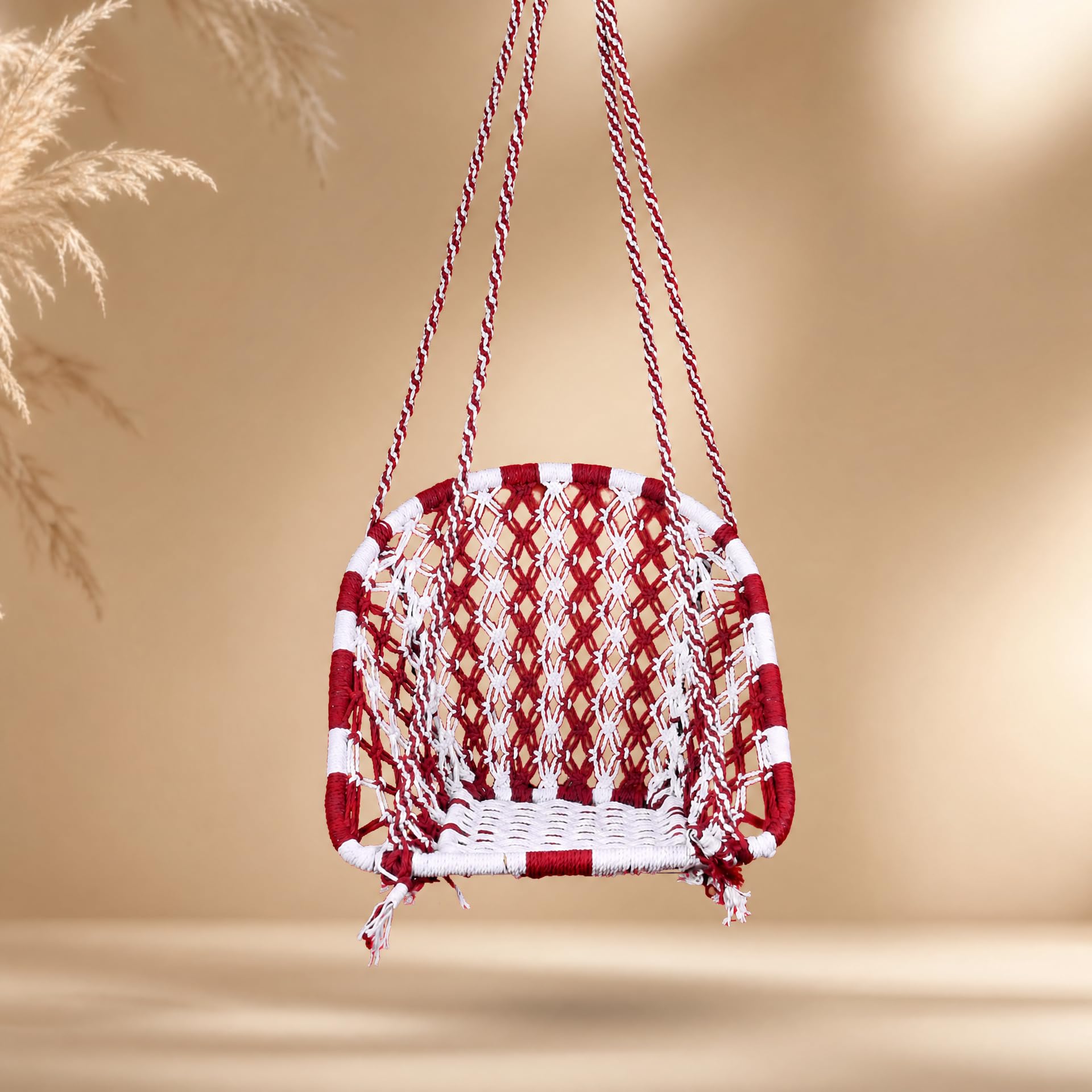 LABONYA Boho Macrame Jute Swing Chair | Hanging Hammock Chair with Round Wooden Frame | 150 kg Weight Capacity | Comfortable Indoor & Outdoor Jhula for Home, Balcony, Patio & Garden | Red & White-image-42