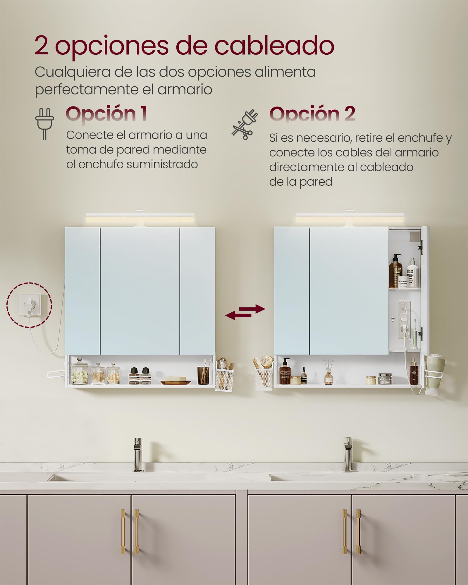 VASAGLE Mueble de Baño con Iluminación LED, 16,5 x 70 x 75 cm, Múltiple Toma de Corriente, Cesta Colgante, Soporte para Secador de Pelo, para Lavabo, Blanco Nube BBK126W01