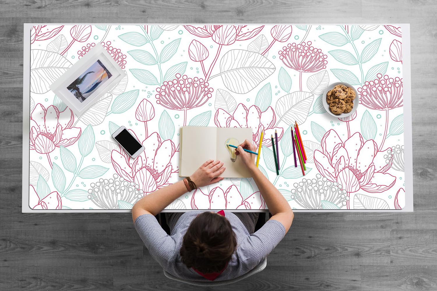 Sottomano da Scrivania 120x60 cm Facile da Pulire Antiscivolo Impermeabile per Ufficio e Casa in Vinile PVC Protezione e Decorazione Superficie Protettiva - Contorni di fiori