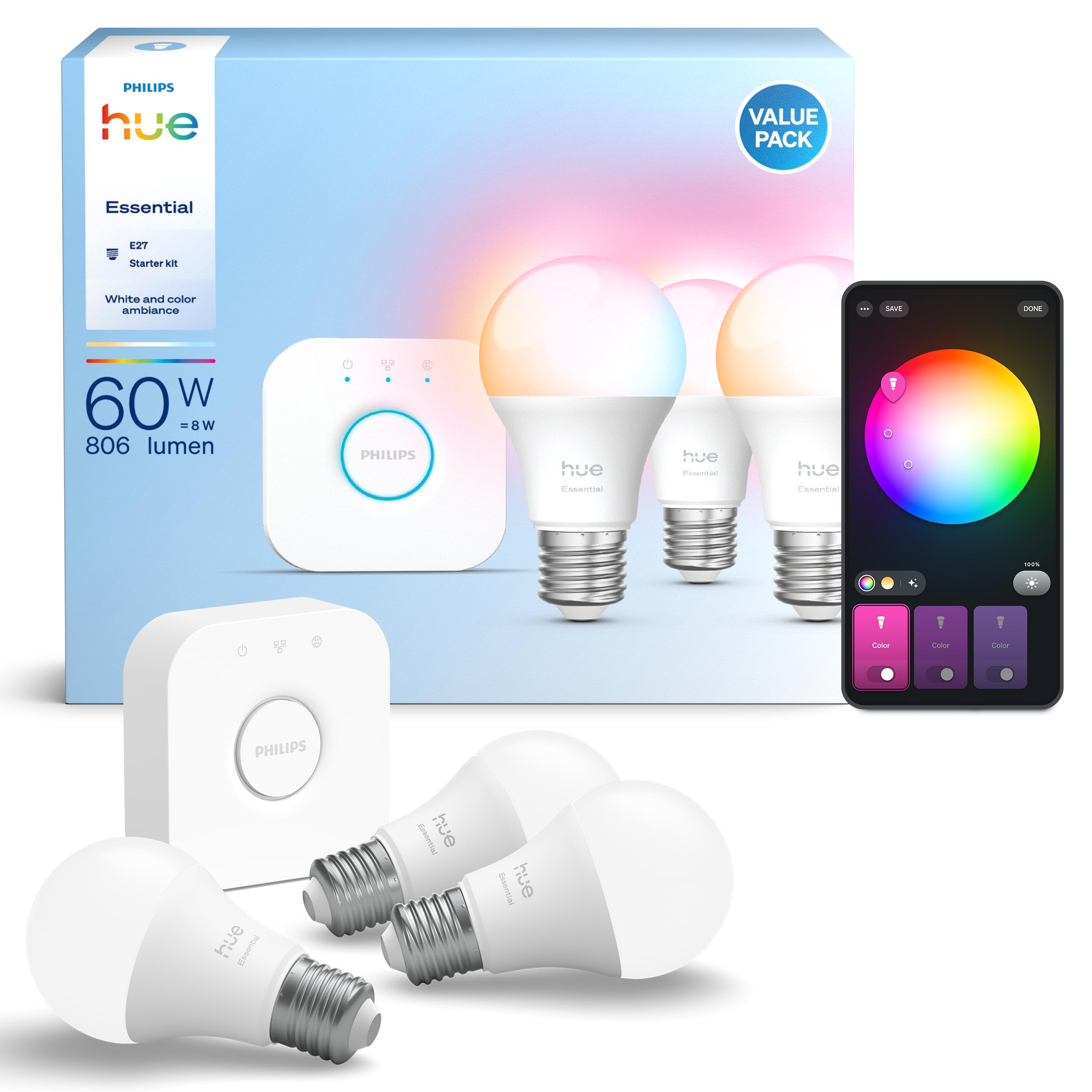 Philips Hue Kit de inicio de iluminación inteligente, paquete de 3 bombillas más puente, ambiente blanco y color, bombillas E27, 806 lúmenes, 60 W, con puente, control de aplicación, funciona con