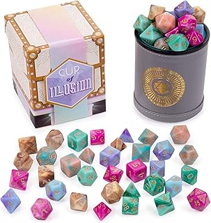 Cup of Illusion: 5 Complete Sets of 7 Premium Two-Color Swirl Polyhedral Role Playing Gaming Dice for Tabletop RPGs | Includes Grey Leather Dice Cup Accessory