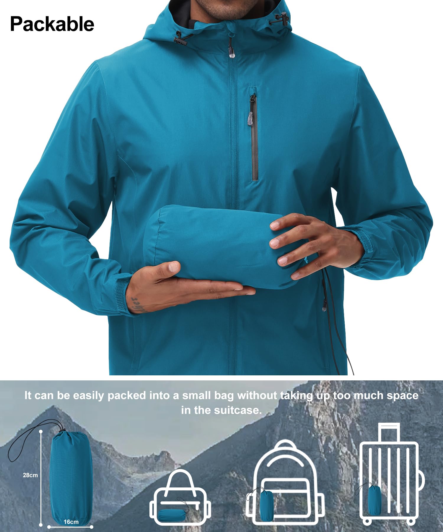 Huayuzh Giacca impermeabile da uomo, giacca impermeabile da uomo, leggera, pieghevole, antivento, softshell, escursionismo, campeggio