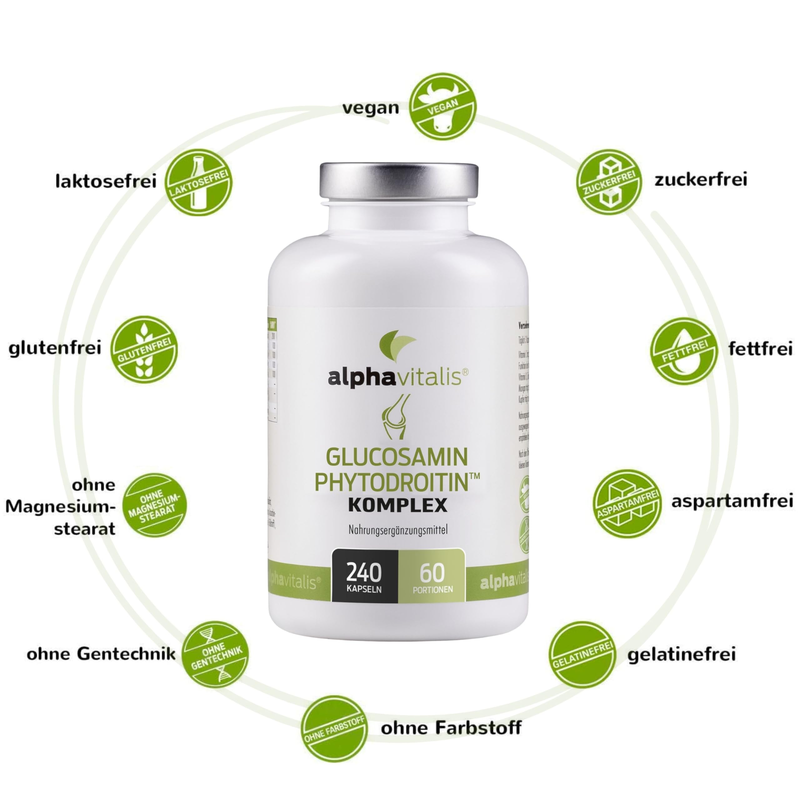 Glucosamin Kapseln + Phytodroitin® - 240 Stück - 1800mg veganer Komplex mit MSM, Hyaluronsäure, Vitamin C, D, Zink, Kupfer und Mangan ohne Magnesiumstearat