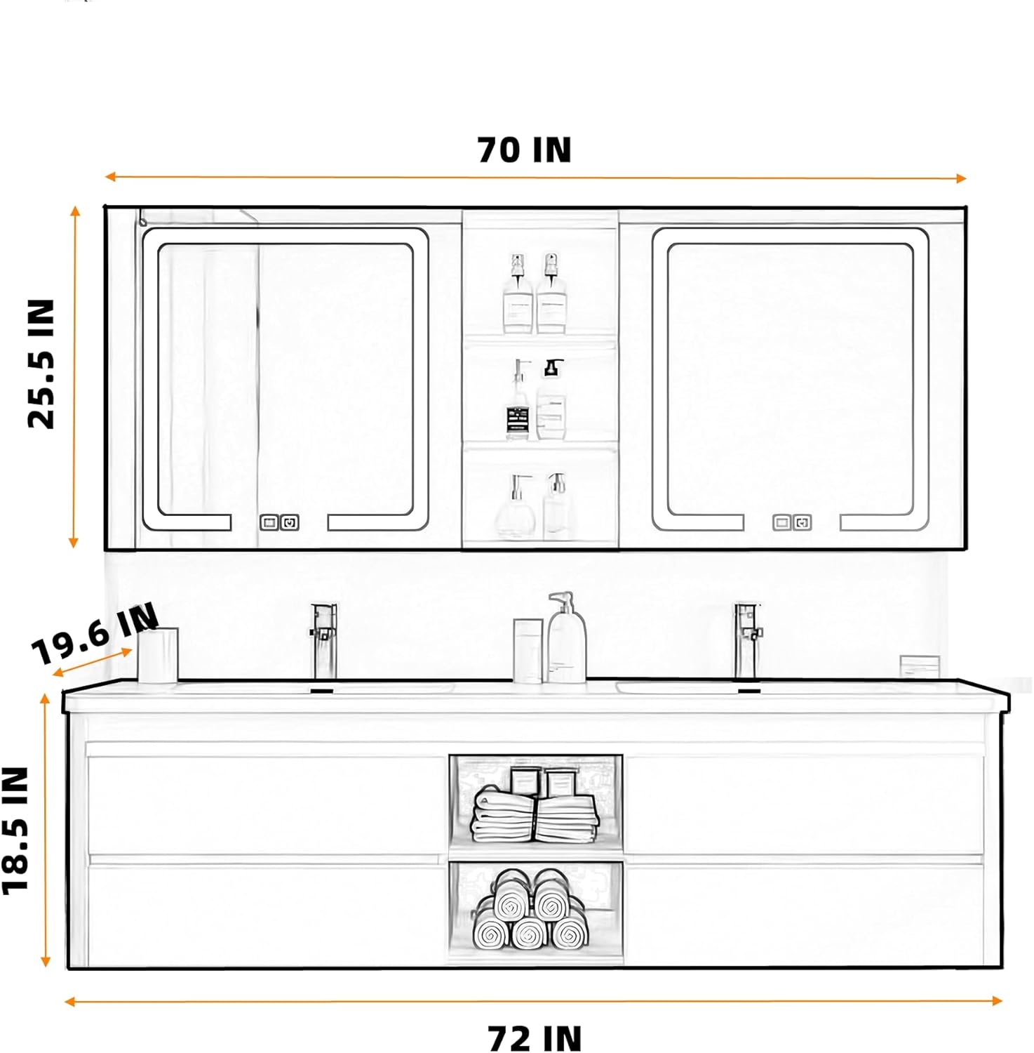 Bathroom Vanity with Sink - Double Sink Bathroom Vanity Cabinet & Smart Mirror Cabinet Set, Wall Mounted Modern Floating Vanity, Suitable for Large Bathrooms (72",White)