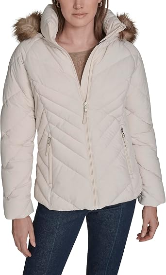 Tommy Hilfiger Adaptive Womens Short Puffer Jacket With Removable Faux Fur Trimmed Hood