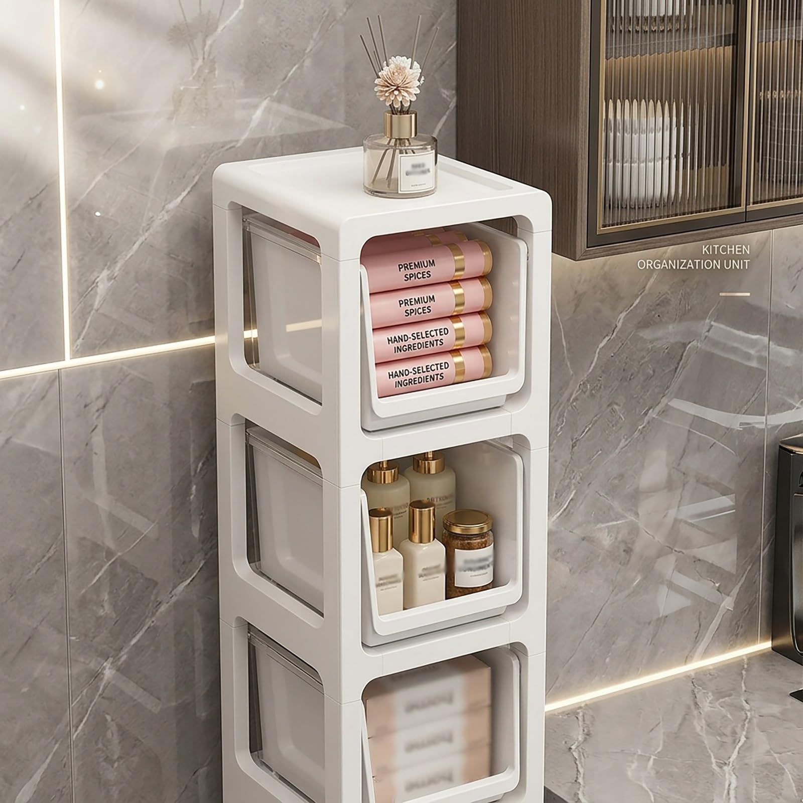 Carrello Salvaspazio Senza Montaggio con Cassetto, Mobiletto Bagno Stretto su Ruote per Cucina e Lavanderia, Carrellino Portaoggetti Sottile per Piccoli Spazi(White,28x17x69cm)