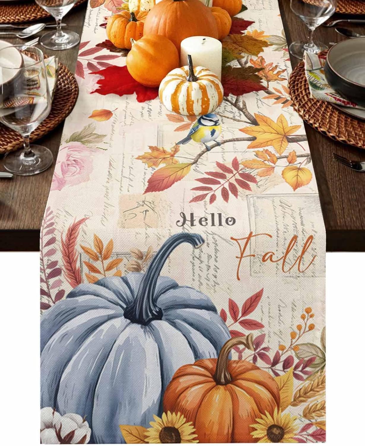 Hello Fall Maple Leaves Table Runner 108 Inches Long Thanksgiving Blue and Orange Pumpkins Dresser Scarf Kitchen Dining Table Decoration for Dresser Home Party Holiday 13 x 108 Inch