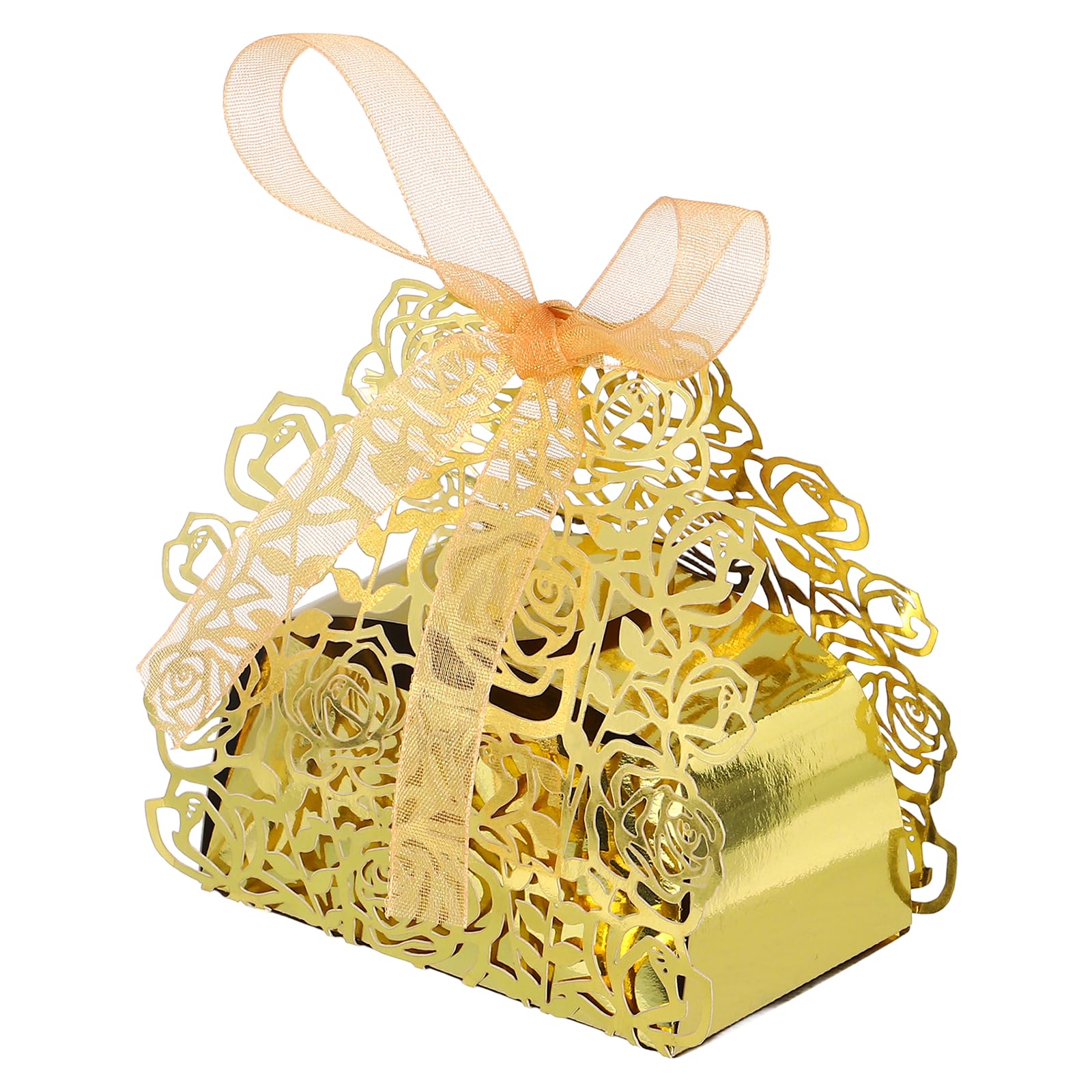 PATIKIL Laser Cut Rose Candy Boxes,(Gold) (50Pcs), Creative Romantic Favors Gift Boxes with Ribbons for Wedding/Birthday Party/Anniversary/Baby Shower