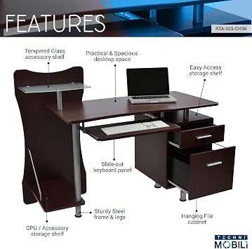 Techni Mobili 51''W Computer Desk w/ File Cabinet & Printer Shelf, Brown