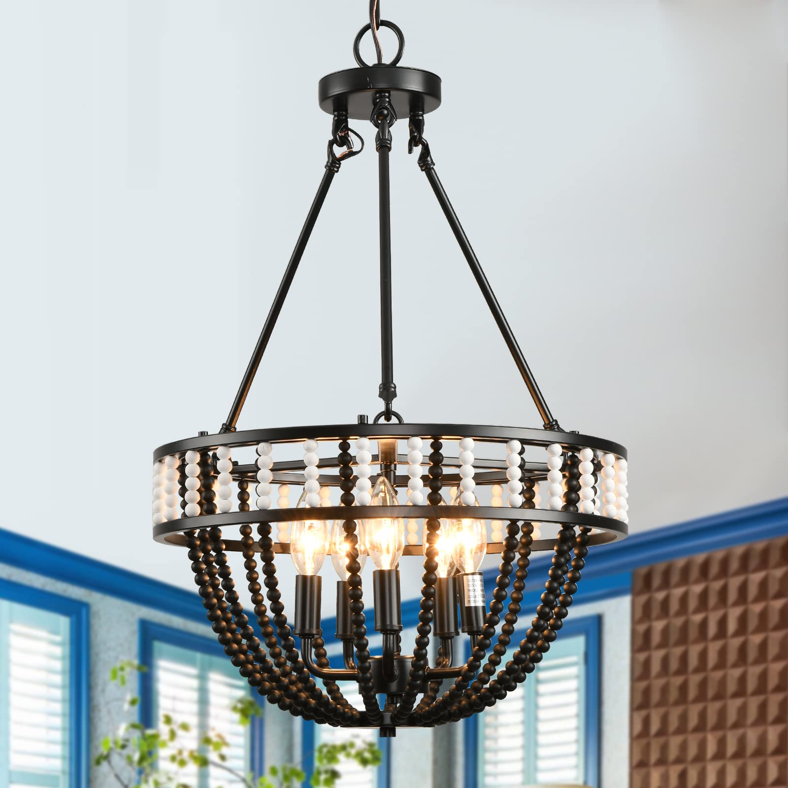 5-Light Beaded Chandelier Black&White 16" Rustic Farmhouse Wood Beaded Chandelier Boho Pendant Light Fixtures Height Adjustable for Bedroom Dining Room Kitchen Stairway Hallway, E12 Base (BEIGE)
