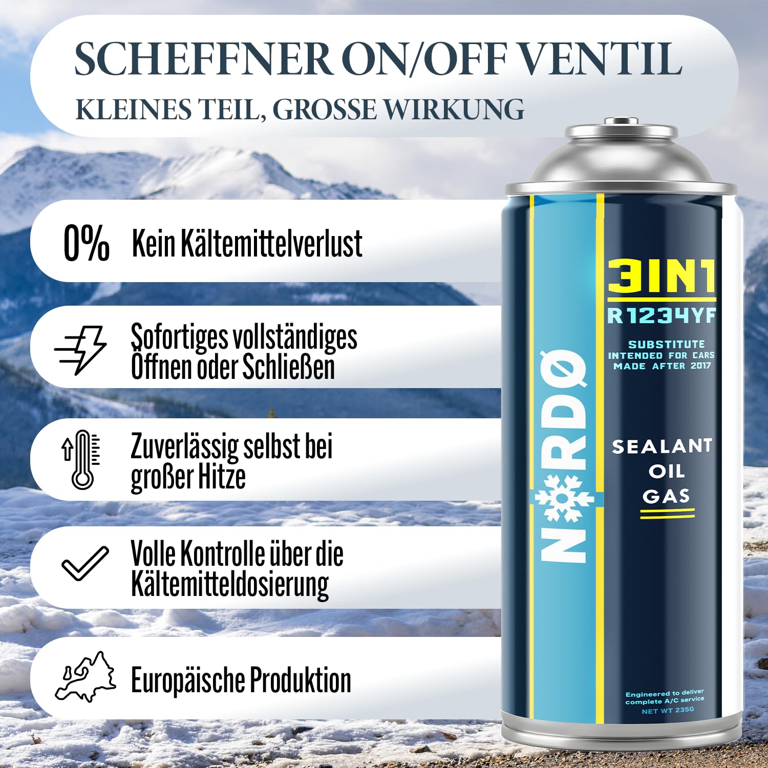 Nordo - 3in1 R1234yf Klimaanlage Nachfüllset – 5 x 3in1 Gas mit Füllschlauch und YF Adapter – Auto Klimaanlage Nachfüllen – 5 x 235 g