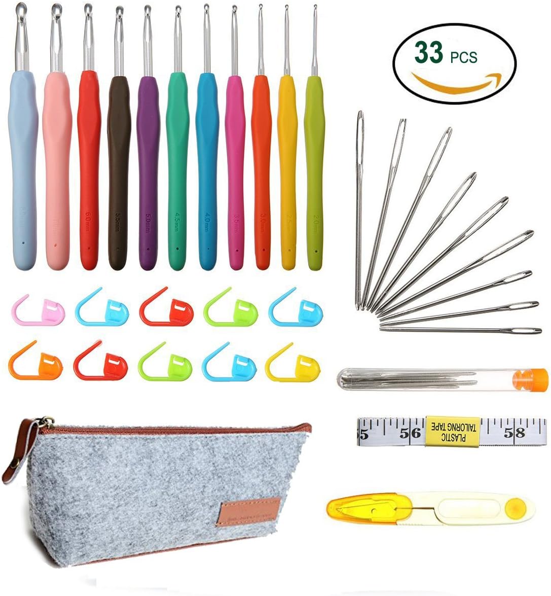 Crochet Hooks Set with 12 Sizes Ergonomic Grip Handle Knitting Needles, 9 Steel Eye Blunt Needles Weave Yarn Tools Kit - Perfect Gift for Crochet Lovers