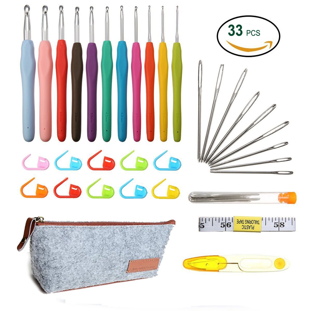 Crochet Hooks Set with 12 Sizes Ergonomic Grip Handle Knitting Needles, 9 Steel Eye Blunt Needles Weave Yarn Tools Kit - Perfect Gift for Crochet Lovers