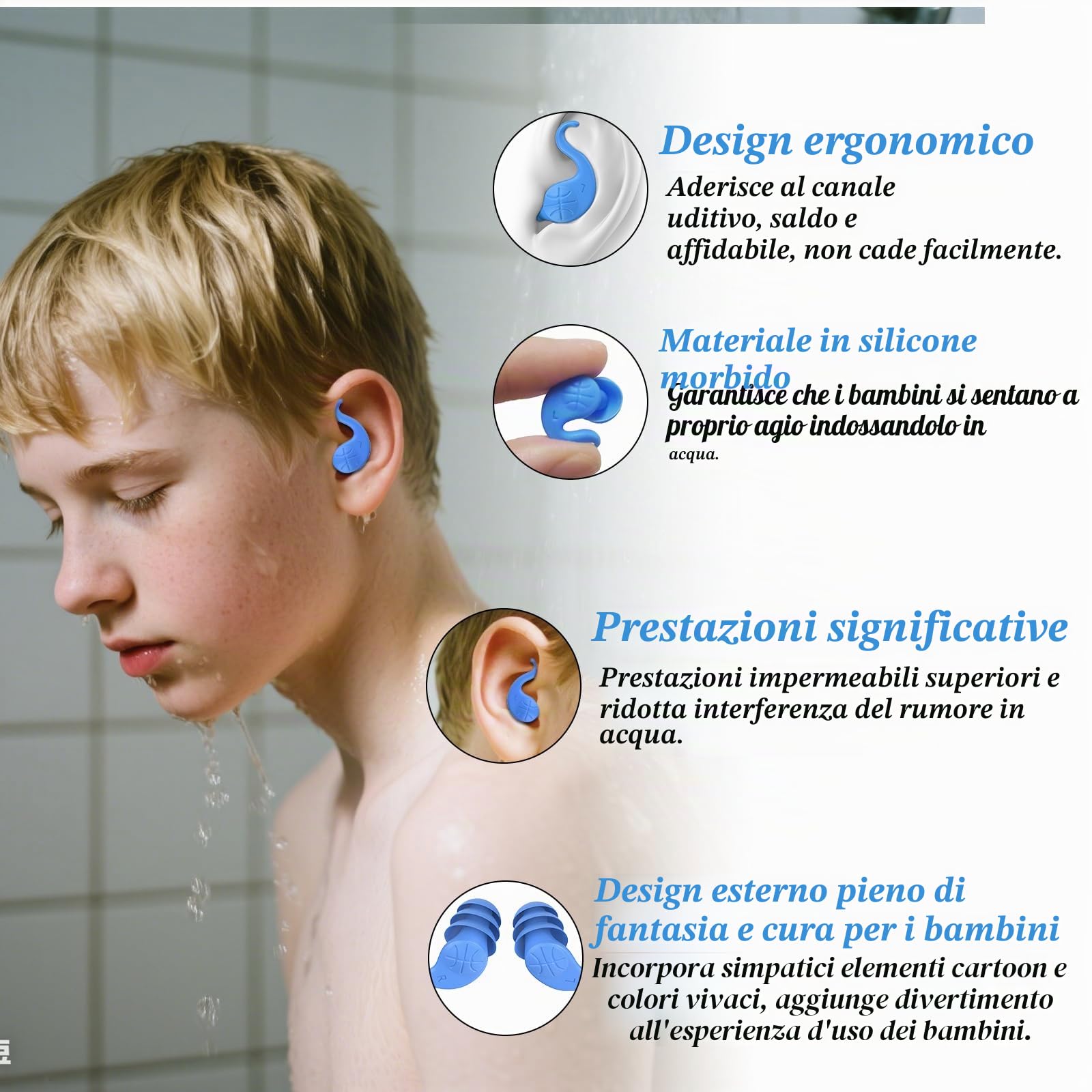 Tappi per le orecchie da nuoto per bambini (4-12 Anni), 4 Paia Tappi Orecchie Piscina in Silicone Riutilizzabili, per doccia, nuoto, surf, snorkeling e altri sport acquatici