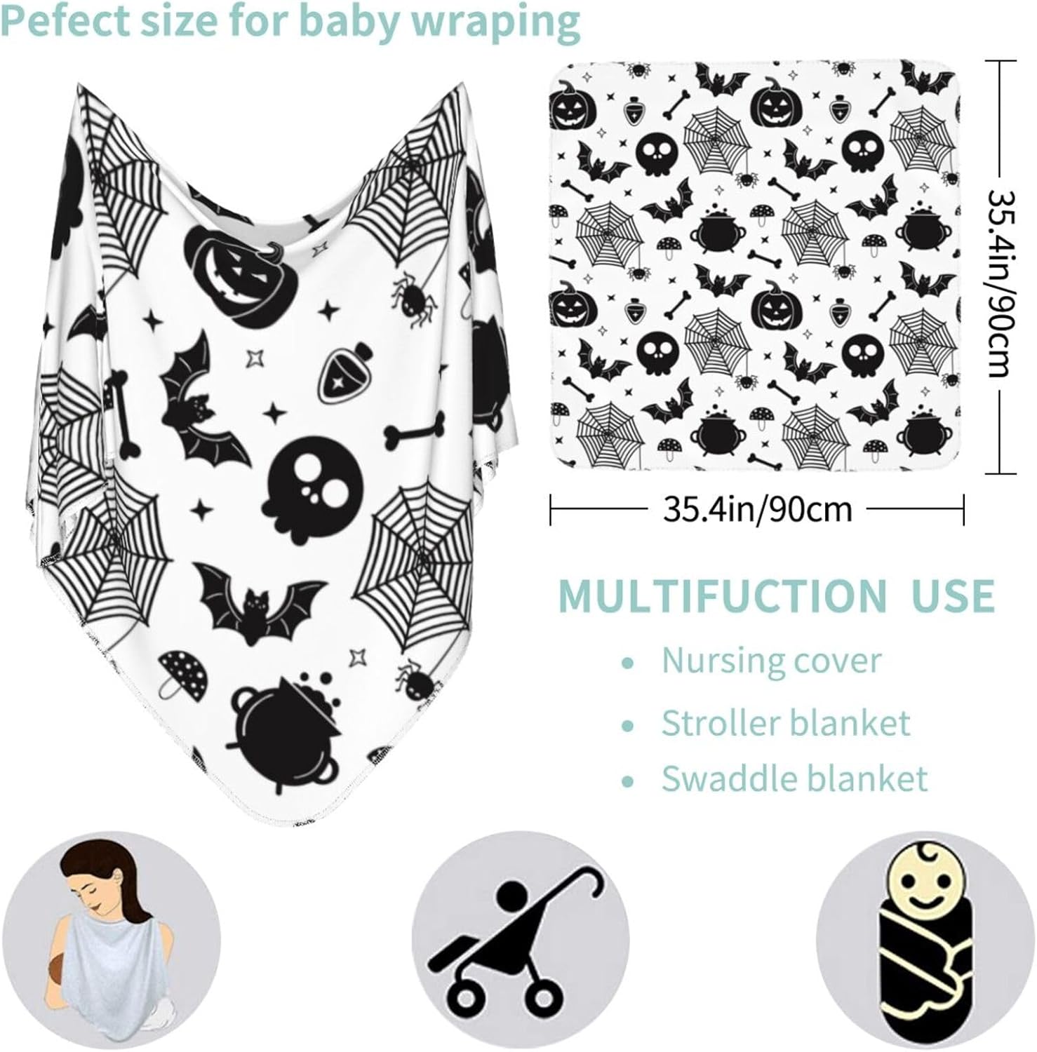 Christmas Halloween Bat Goth Pumpkin Skull Newborn Baby Stuff Baby Swaddle Blanket Throw Wrap Blankets Receiving Blanket Cover Breathable Soft Cozy for Infant Toddler Boys and Girls - Image 4