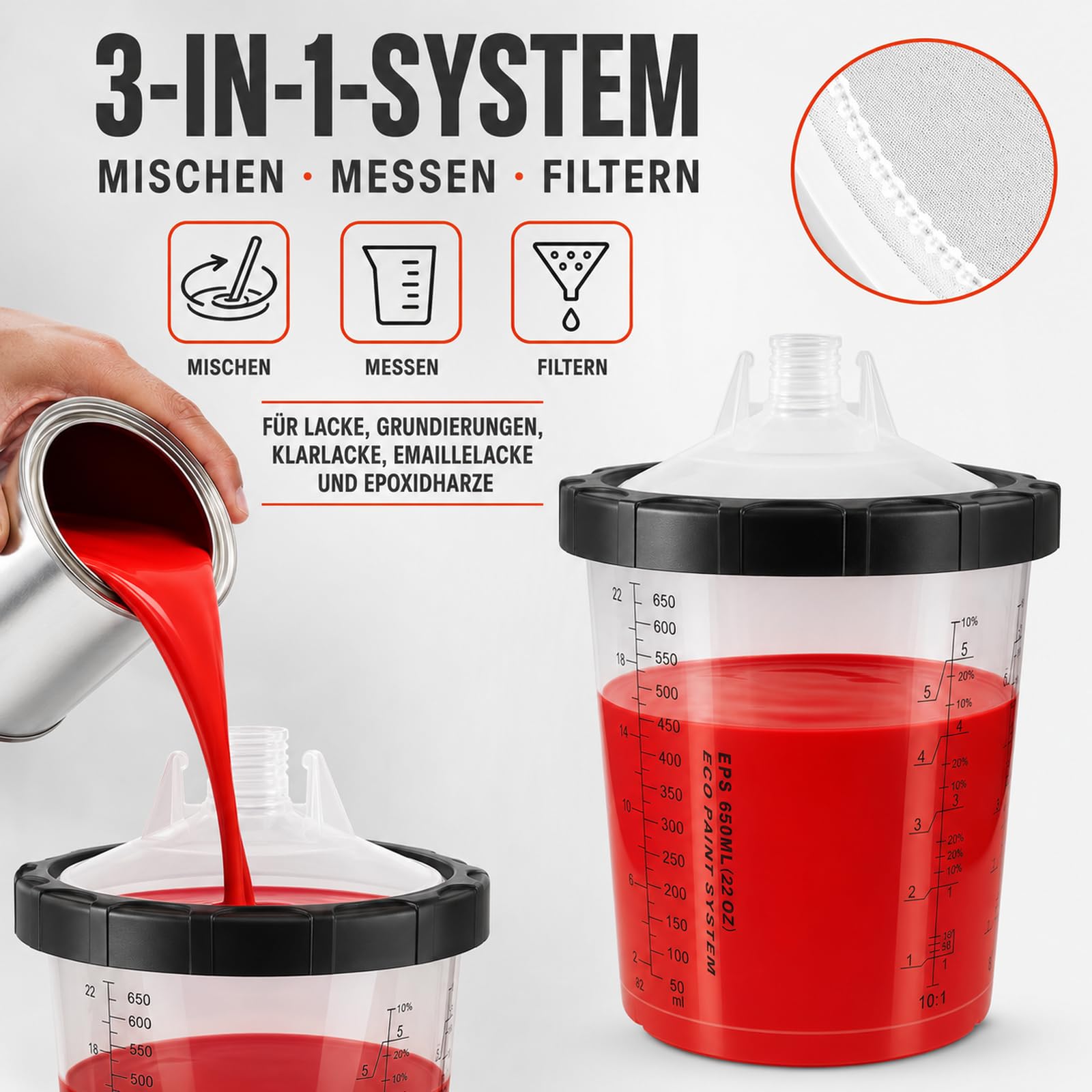 Lackierbecher Set 650 ml, 45 Einwegbecher für HVLP-Lackierpistolen | Enthält 45 Filterdeckel mit 125-μm-Filter, 20 Stopfen und 1 Hartbecher zum Mischen, Filtern, Sprühen und Aufbewahren