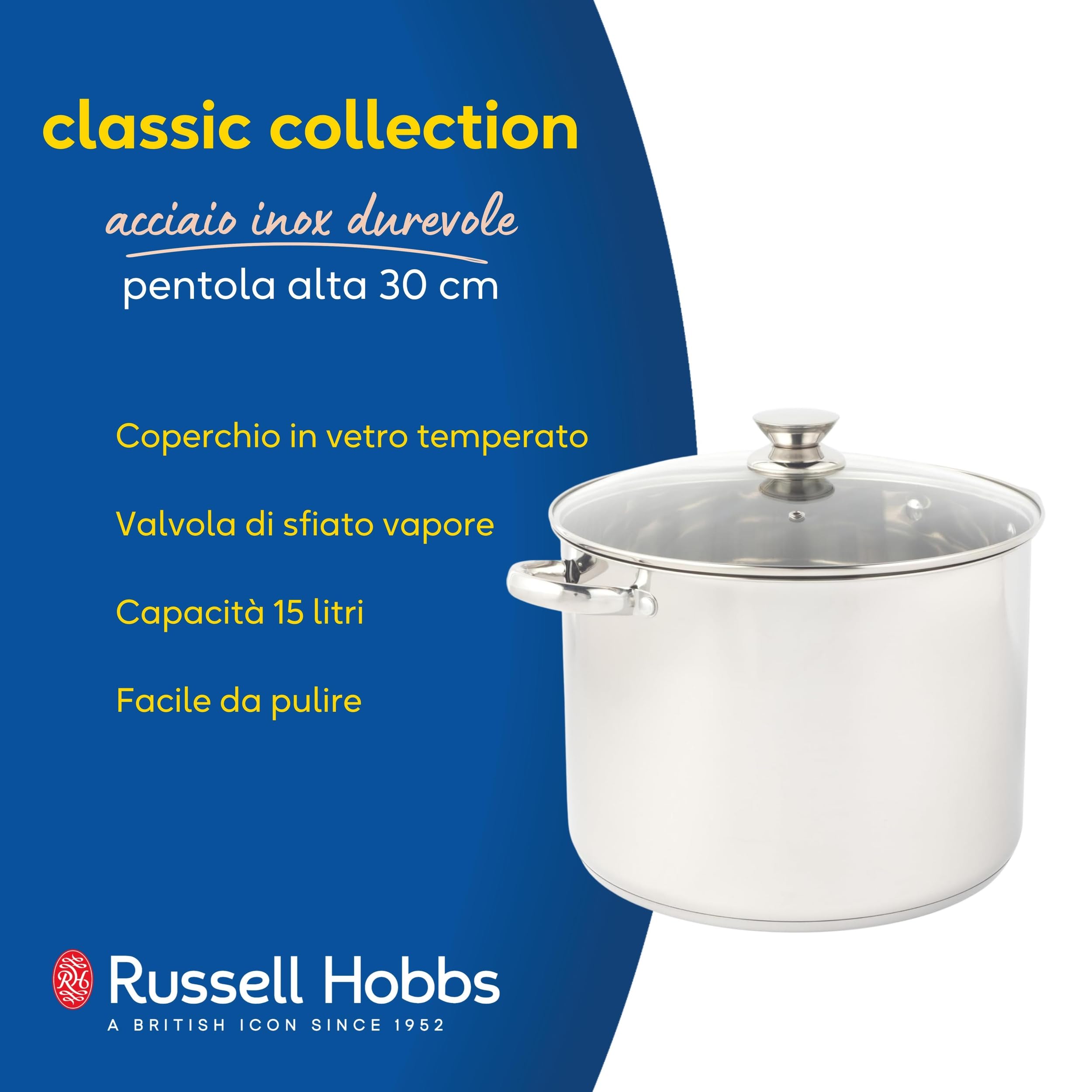 Pentola alta Russell Hobbs Classic Collection da 30 cm - Pentola in acciaio inox, coperchio in vetro temperato con valvola di sfiato, capacità 15 litri, finitura a specchio, facile da pulire
