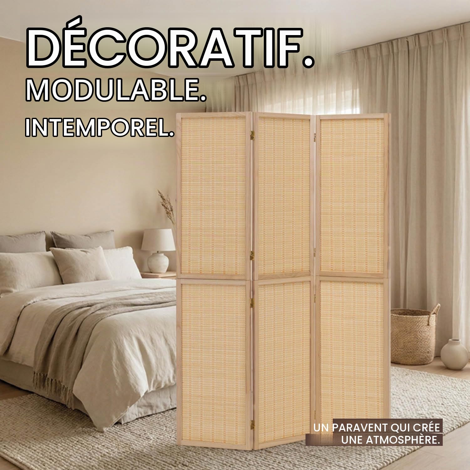 Homestyle4u Paravent 3 pièces en Bois de Bambou Naturel 120 x 170 cm Cloison de séparation Brise-Vue autoportant