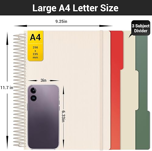 Miniatura 2 de EUSOAR Cuaderno de papel cuadriculado, tamaño A4 de 9.25 x 11.7 pulgadas, cuaderno grande de 3 materias en espiral con bolsillo, cuaderno de papel a