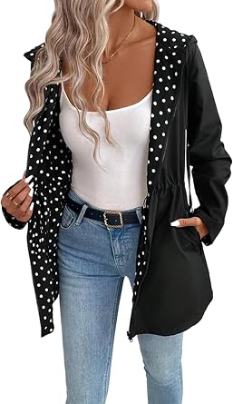 Womens Reversible Hooded Casual Coat Full Zip Up Windbreaker Two - Sided Jacket Polka Dot L